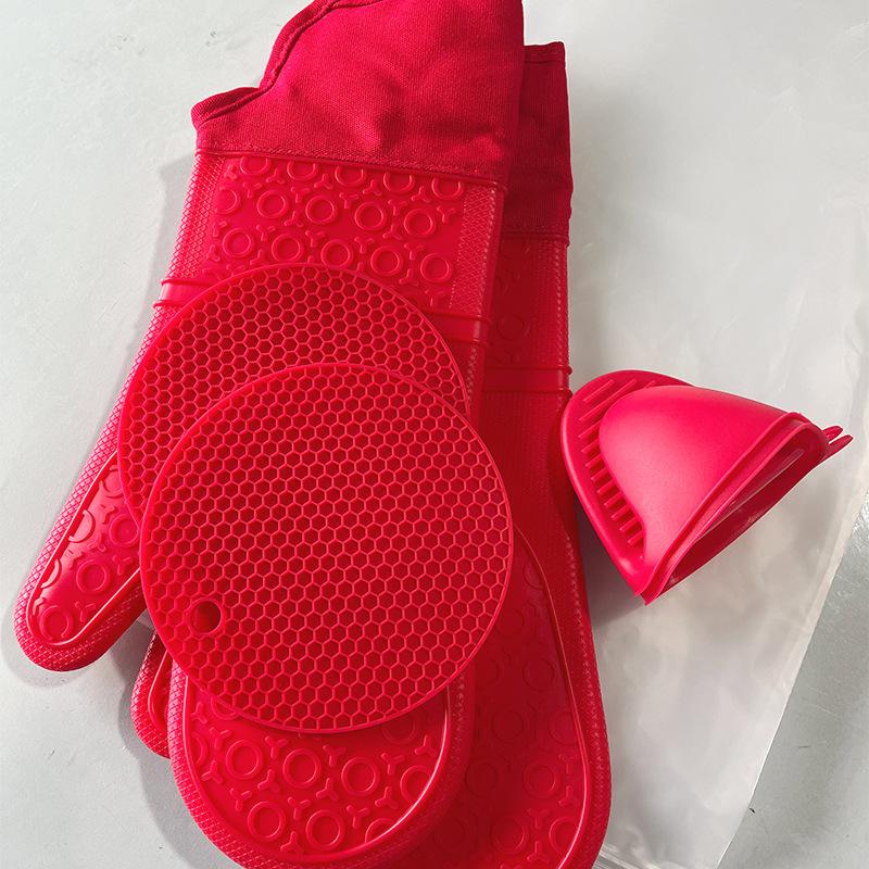 Product Introduction of Silicone Heat Insulation Oven Gloves Microwave Oven High Temperature Resistant Thickened Kitchen Insulation Gloves Honeycomb Mat Handbag 6-Piece Set 27