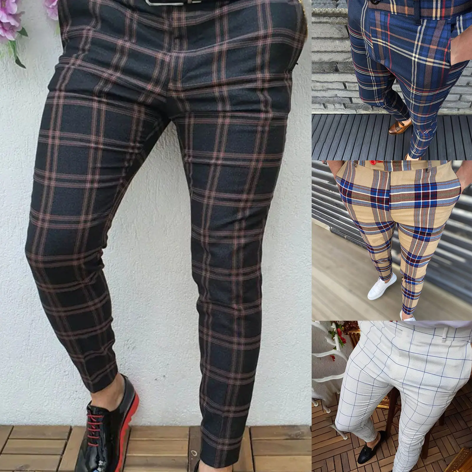 Men Pants Plaid Slim Spring Autumn Mid-rise Checkered Pattern Pencil Pants for Daily Wear