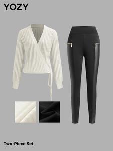 YOZY Women's Solid V Neck Sweater & Zipper Leggings Two-Piece Set, Ladies Clothing for Fall & Winter