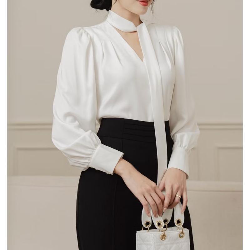 [ ÁO SƠ MI LỤA L1 ] Áo sơ mi cổ chéo cách điệu dài tay. Mix chân váy, quần đều xinh. Top Màu Đen Voi