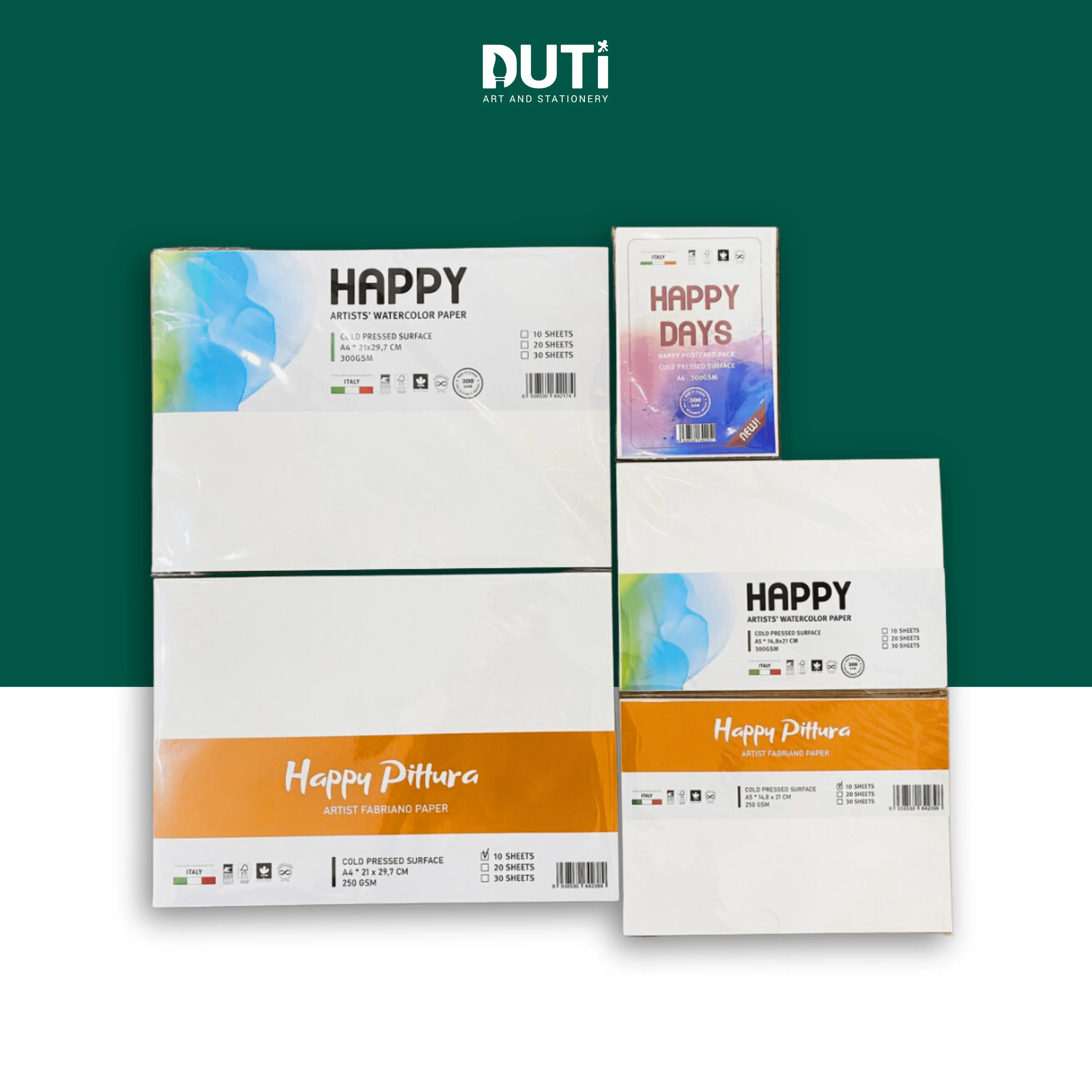 Giấy vẽ màu nước Happy, Chất Lượng Cao Hạng Họa sĩ, Chuyên vẽ mỹ thuật, Dày 250/300gsm, Size A3/A4/A5/A6, Chính Hãng - Họa Cụ DUTi