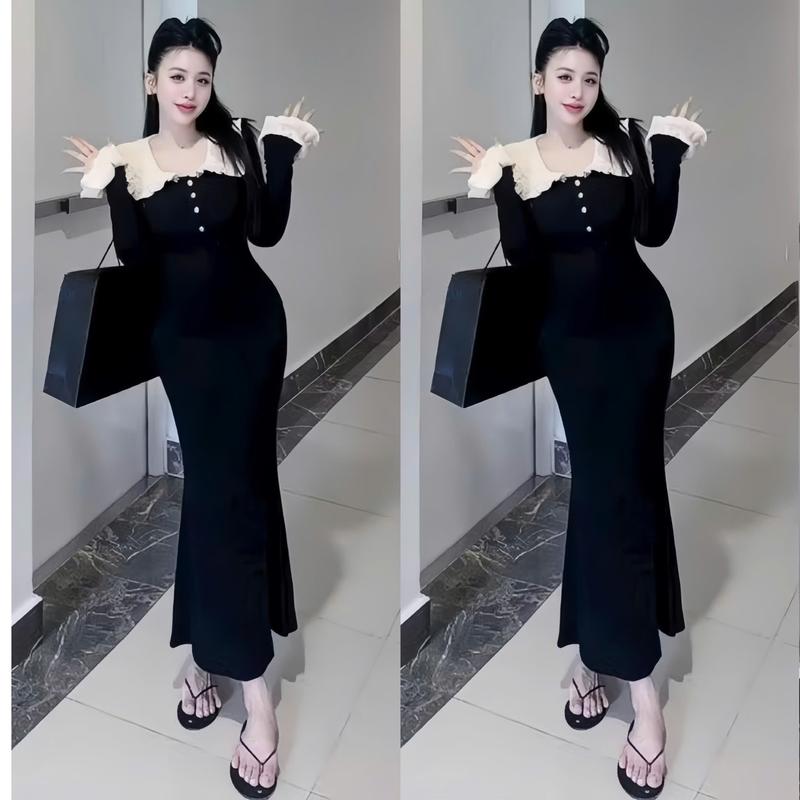 V16 - Đầm Body Cổ Bèo Tay Loe Dáng Dài Tôn Dáng   Màu Đen   