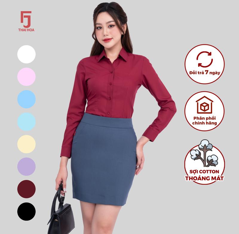 Set Áo R01 Đỏ Dài Tay & Chân Váy 239 vải cotton trơn các màu, form slimfit có chiết ly eo Thái Hòa