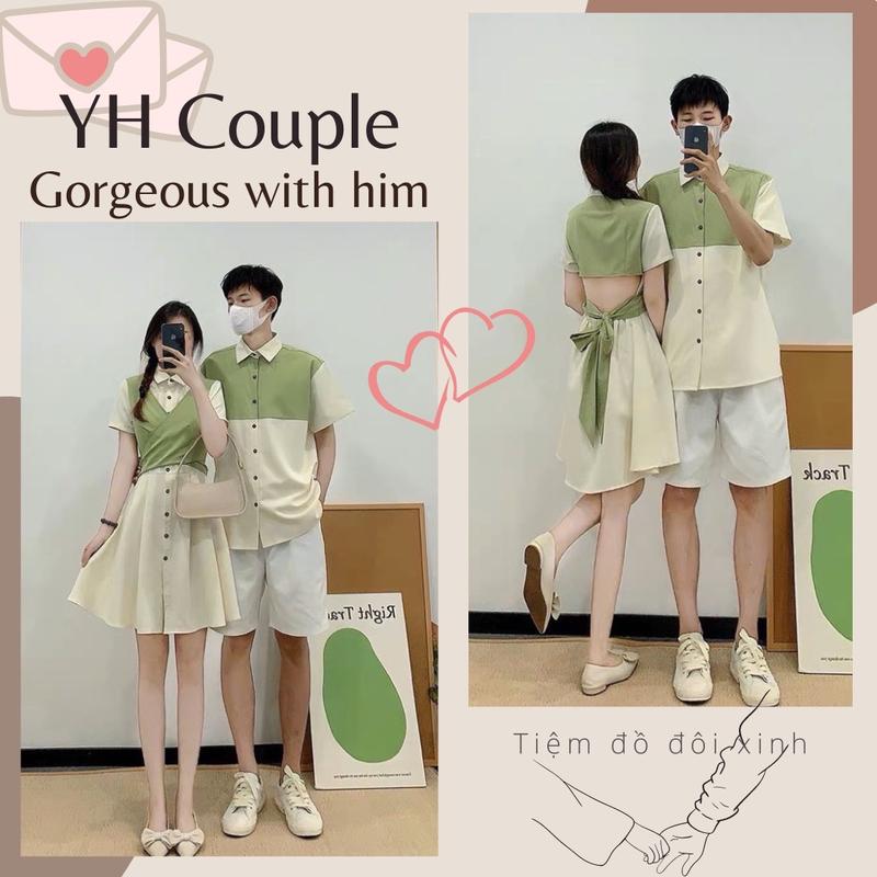 SET ĐỒ ĐÔI KEM SỮA NƠ XANH BƠ VÁY XẾP LY XOÈ NHẸ - YH COUPLE SHOP Áo Nữ Top Women Cotton