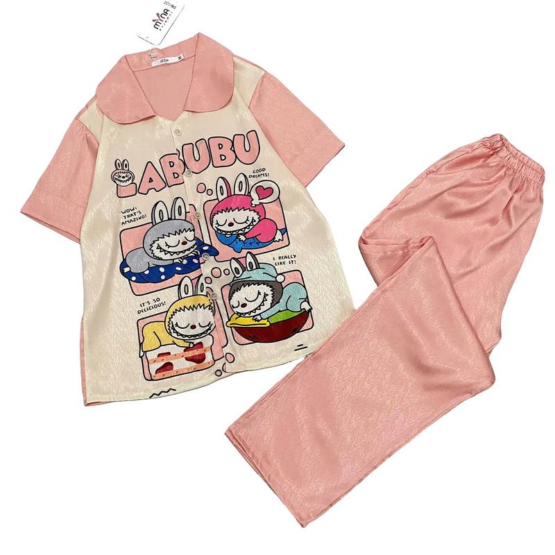 Set bộ đồ ngủ pijama mẹ và bé gái áo cộc quần dài cổ sen Labubu hồng  Women Voi- Tết Polo Top 0