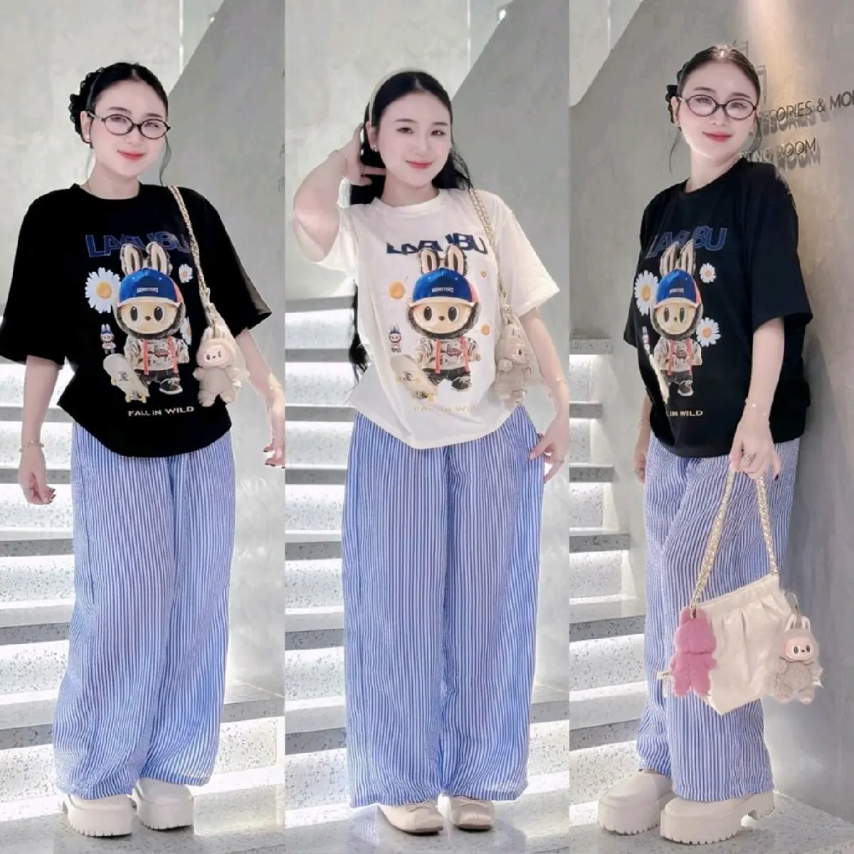 Bigsize 60-90kg Set bộ áo thun gân tăm in hình gấu Labubu phối quần đũi suông kẻ sọc không dãn cho nữ, Bộ đồ áo thun tăm gân in hình cổ tròn + quần đũi không dãn suông dài  lưng thun- Nhyy Shop