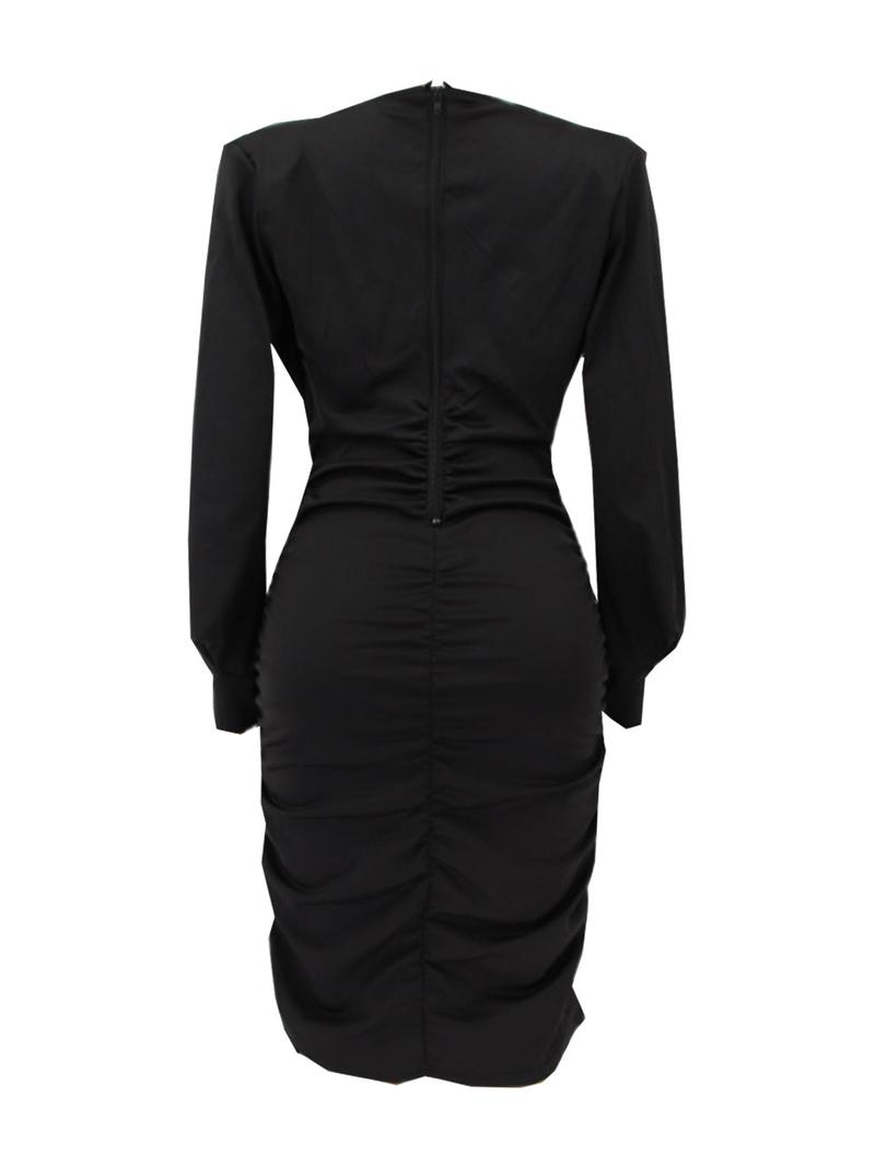 Product Introduction of Women's Plain Ruched Deep V Neck Bodycon Dress, Casual Bishop Sleeve Zipper Back Midi Dress for Fall, Women's Clothing for Daily Wear 12