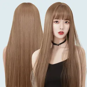 jam tangan wanitaRambut panjang perempuan wig, rambut panjang lurus, wajah bulat rambut harian perempuan Imitasi alami rambut manusia, rambut panjang tengah, gaya set kepala penuh