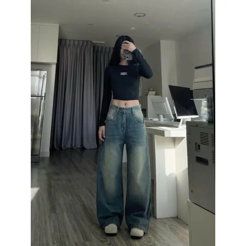 Quần jean bò ống rộng suông xuông nữ jeans cạp cao phong cách jeanshop_0603 ms14 Pants Women 5