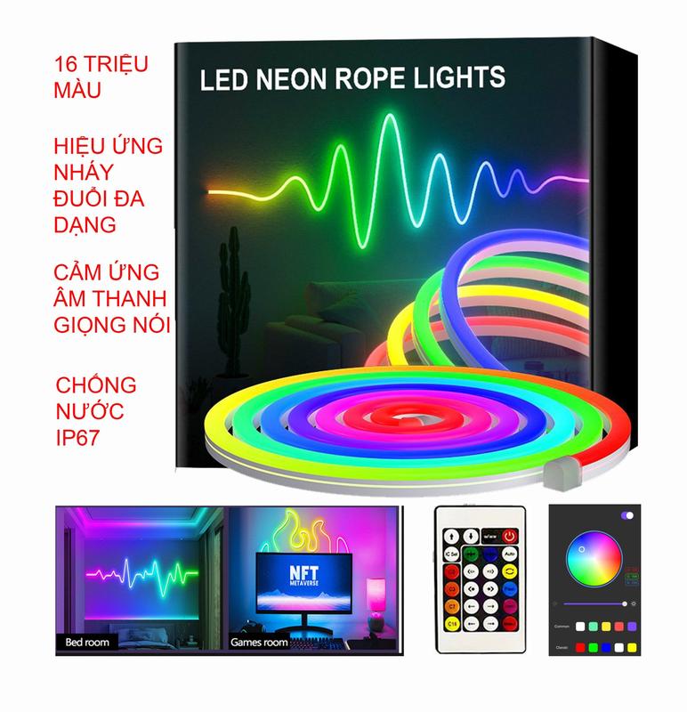 Cuộn led neon RGBIC flex 5m hiệu ứng nháy đuổi cảm ứng âm thanh trang trí phòng ngủ phòng khách góc làm viec
