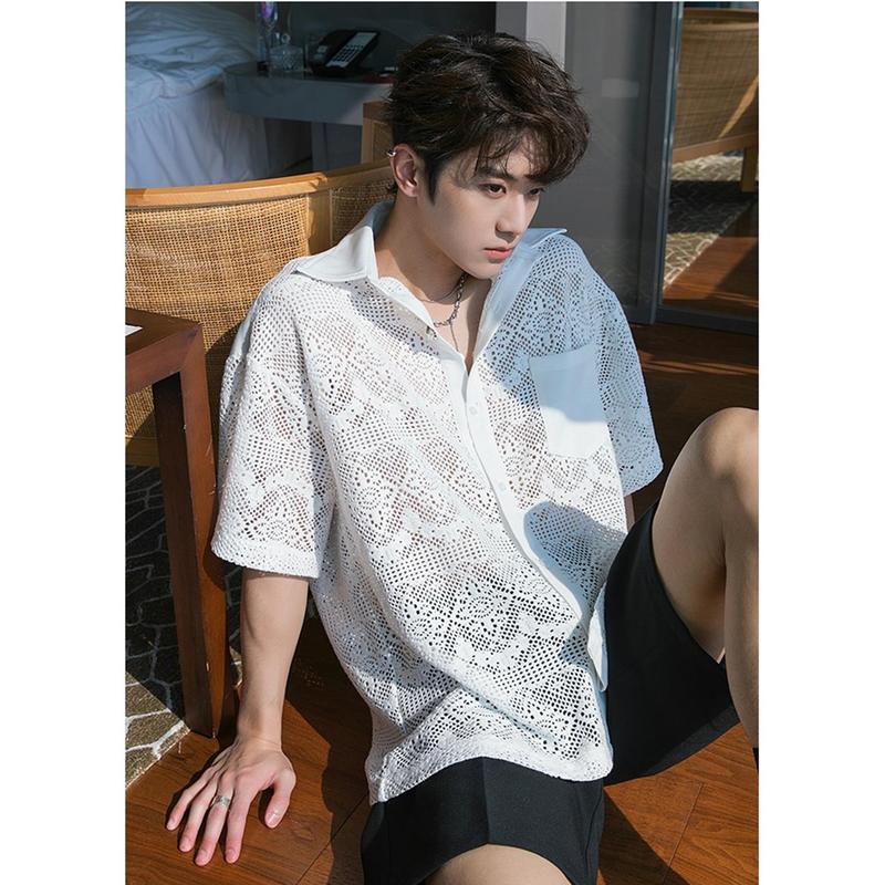 Áo sơ mi ren nam jasmine tay ngắn xuyên thấu sexy Trắng/Đen