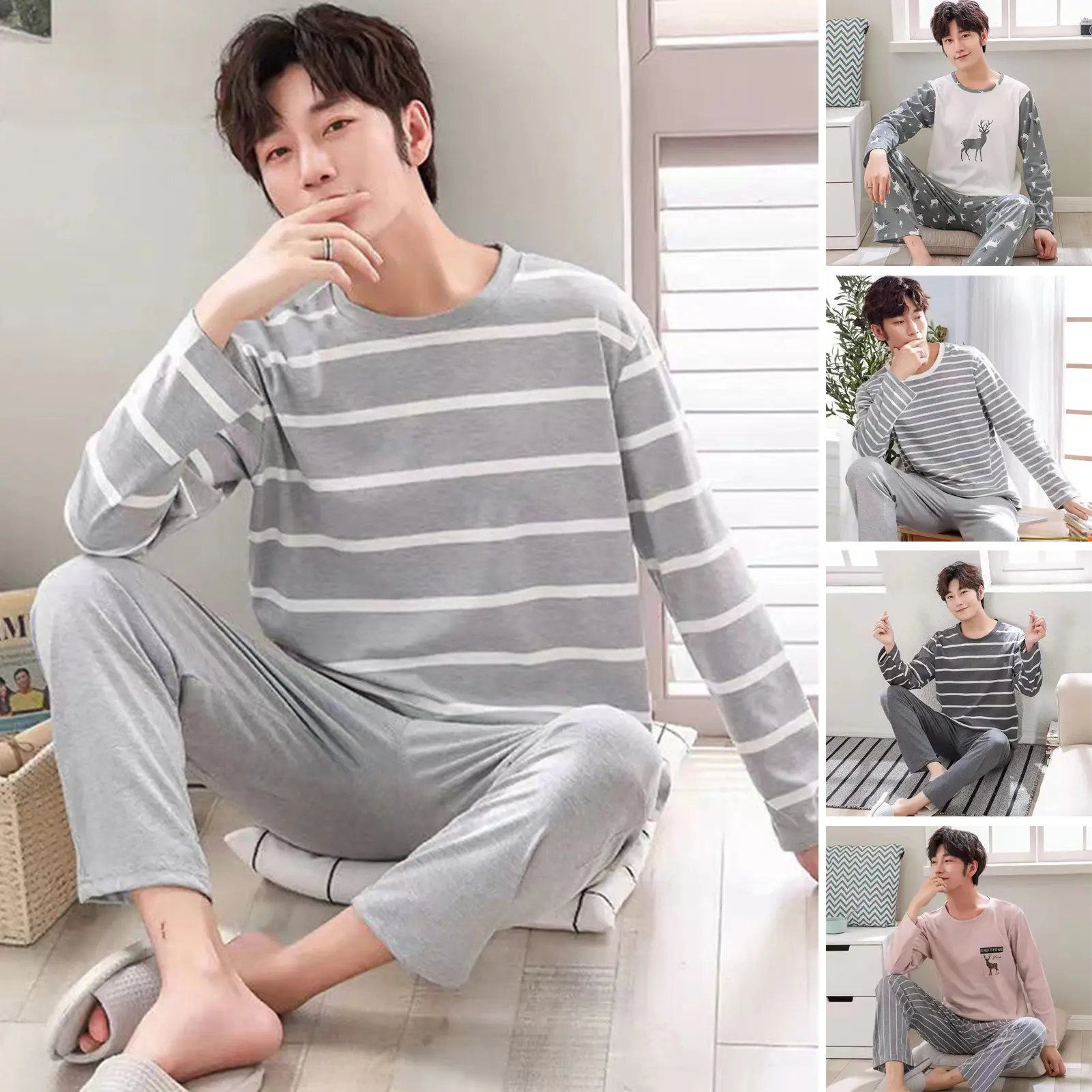 Bộ Đồ Ngủ Dài Tay Cổ Chữ O Cho Nam, 2 Cái / bộ, Dây Thắt Lưng Co Giãn, Thẳng, Chân Rộng, Áo Họa Tiết Hươu Hoạt Hình, Quần, Mùa Xuân Thu