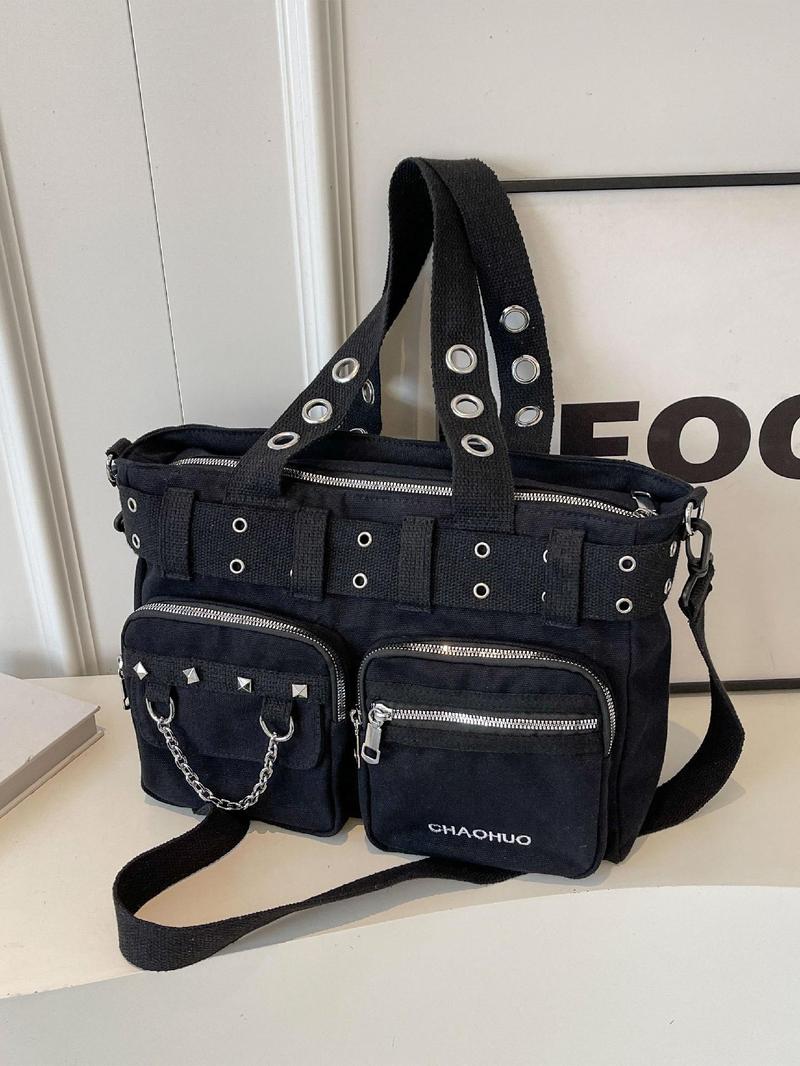 Product Introduction of Women's Fashionable All-match Punk Style Tote Bag with Multi-pocket Design, Casual Versatile Zipper Design, Large Capacity Shoulder Tote Bag 11