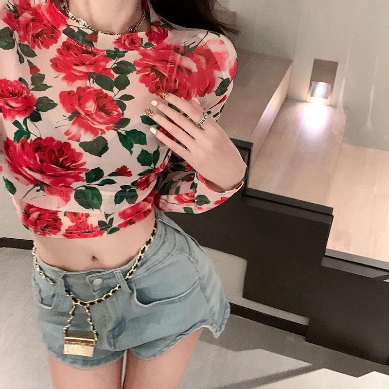 Áo Thun Dài Tay Vải Lưới In Hoa Hồng, Milyfashion, Xuyên thấu, Chất Liệu Xuyên Thấu