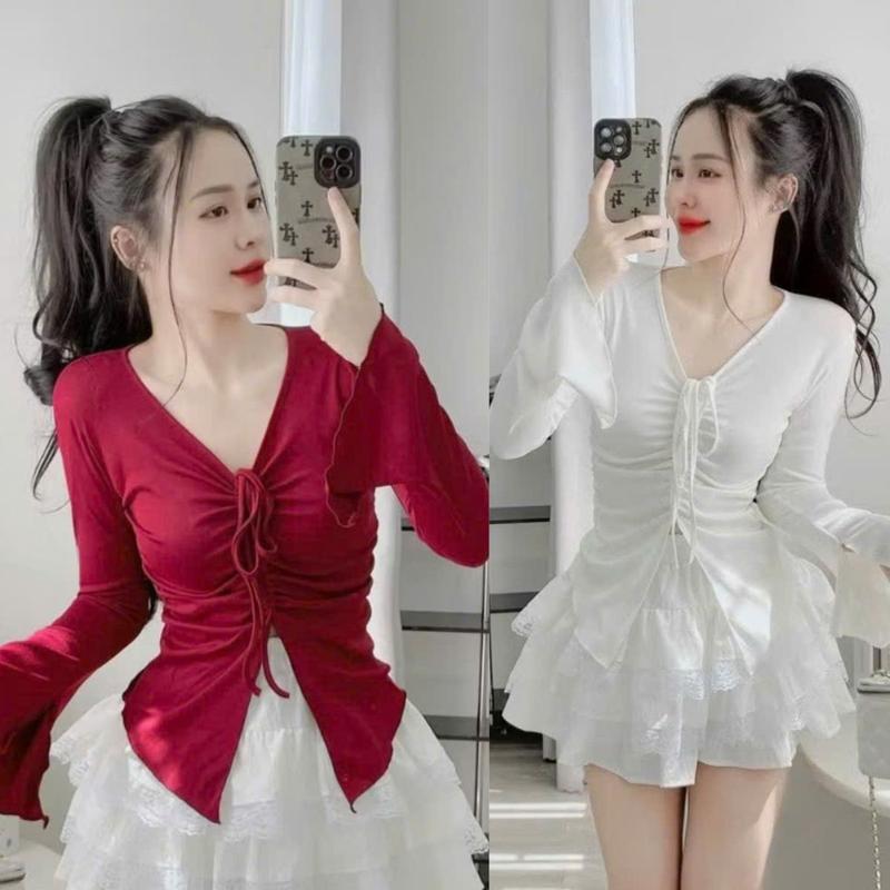 Áo Thun Nữ Bigsize Tay Dài Cổ V Rút Dây Hottrend ESHOP Áo Phong Nữ Cổ Tim Dài Tay Đẹp Dễ Thương Ôm Body Xinh MS065 Top Áo Women