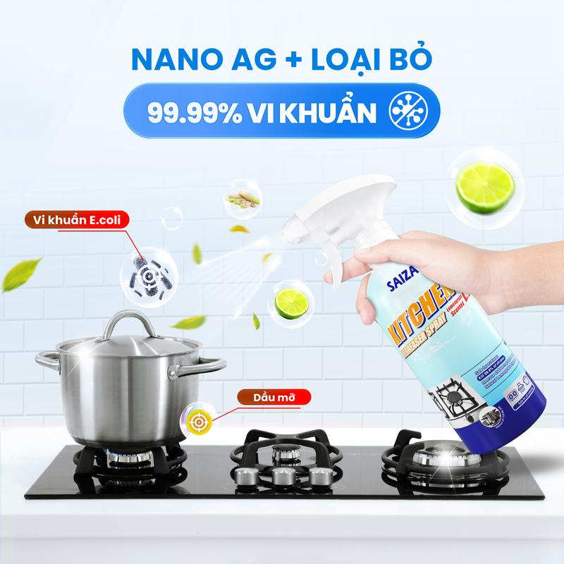 [Mua 1 Tặng 1 miếng chà nhám] Xịt Vệ Sinh Nhà Bếp Đa Năng SAIZA, Tẩy Sạch Mọi Vết Dầu Mỡ Cứng Đầu trên Đáy Nồi, Đáy Chảo, Bếp, Máy Hút Mùi, Lò Vi Sóng, Làm Sạch Nhà Bếp tiện lợi, mùi hương Chanh, Sả thơm mát (500g) + Tặng Miếng Chà Nhám