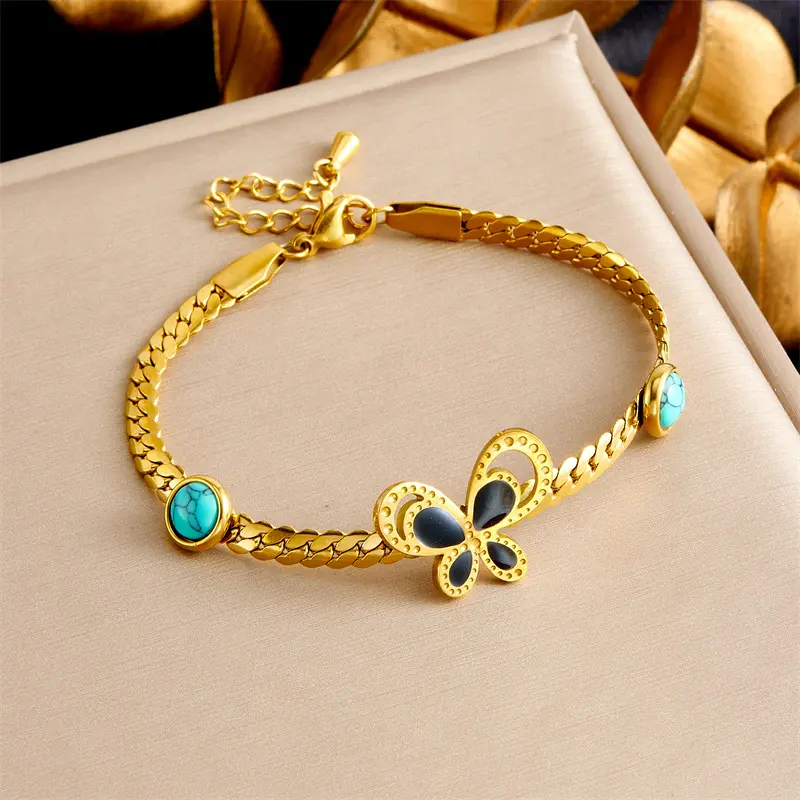 Vòng Tay Dây Chuyền Xích Xoắn Bện, Phong Cách Cổ Điển Dễ Phối Đồ Phụ Kiện Bướm Màu Ngọc Lam, Được Làm Bằng Thép Không Gỉ