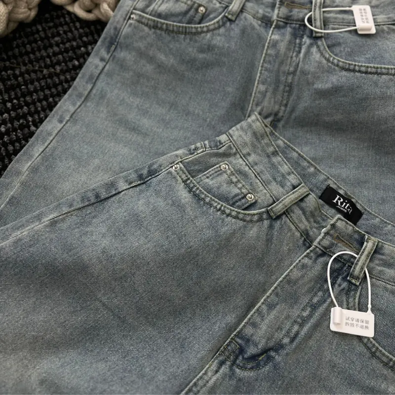 (RITA JEAN)A1 Quần Jean Nữ Ống Rộng Lưng Cao Trơn QC Mềm Lai Cuốn Màu Xanh Dài 104cm Rita Pants Women Denim 5