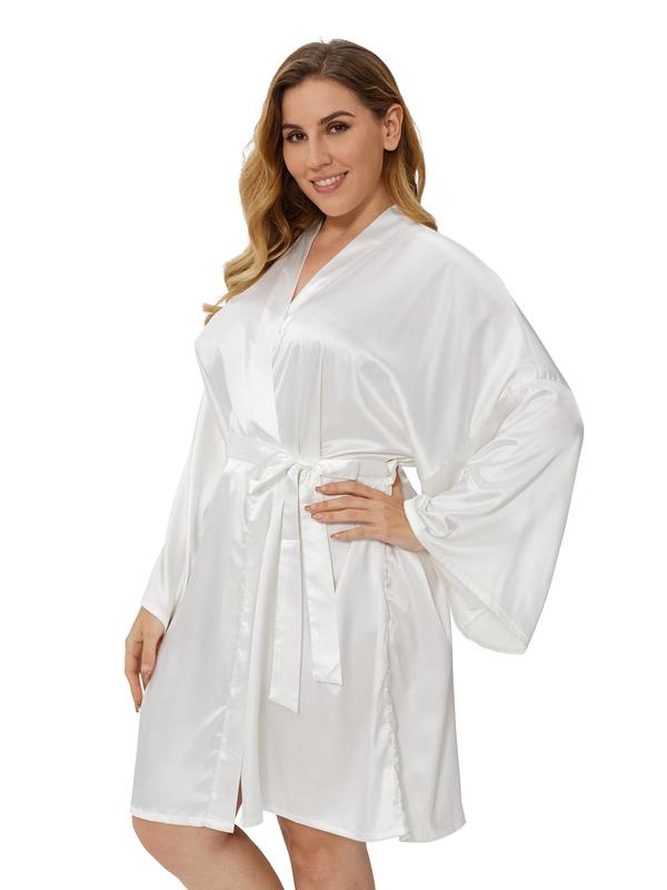 Plus Size Solid Belted Wrap Drop Shoulder Satin Robe, Casual Long Sleeve V Neck Dressing Gown for Daily Home Wear, Women's Sleepwear for All Seasons 7