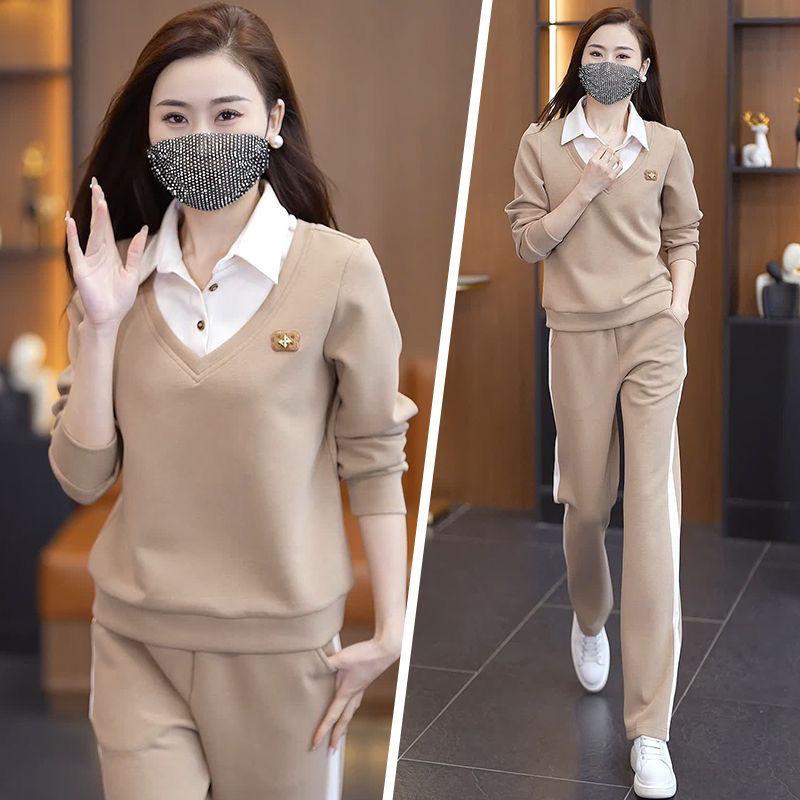 Product Introduction of Bộ Đồ Quần Áo Thể Thao Thường Ngày Cho Nữ, Bộ Sưu Tập Mùa Xuân Và Mùa Thu, Thời Trang Mới, Thích Hợp Cho Mẹ Trẻ, Áo Sơ Mi Chắp Vá, Cổ Áo, Áo Len Mỏng, Bộ Hai Mảnh 2