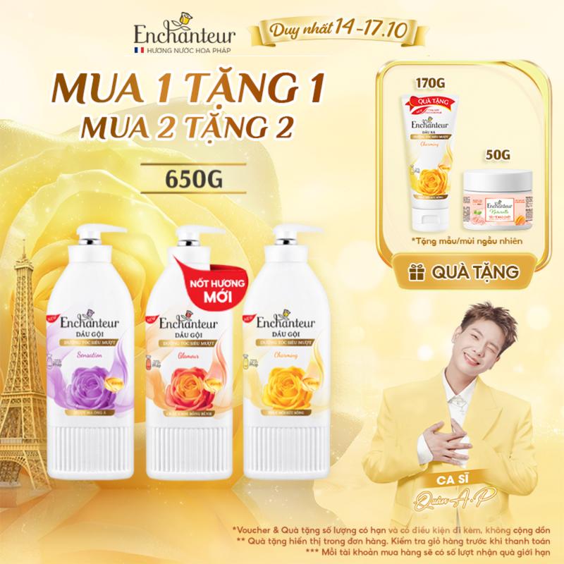 Dầu Gội Enchanteur 650g Thơm Hương Nước Hoa với Keratin, Dầu Hạnh Nhân, B5 x2 Phục Hồi Hư Tổn và Óng Ả, Không gàu bết ngứa