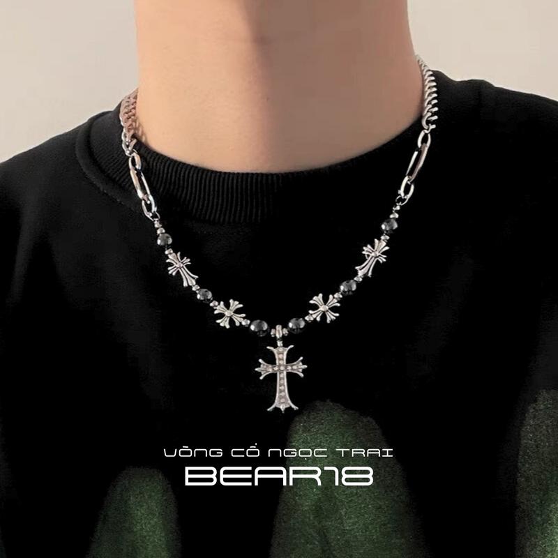 Dây chuyền, vòng cổ ngọc trai nhân tạo mặt thánh giá đính đá, unisex phù hợp cho cả nam và nữ trang sức BEAR18 - D123