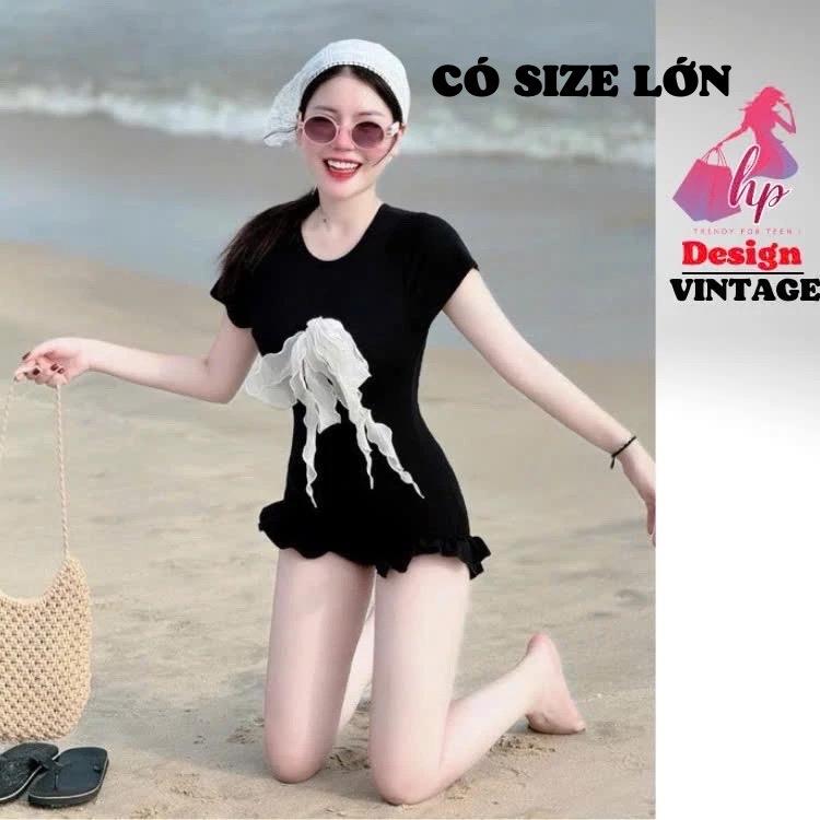 Jumpsuit body viền cộc tay viền bèo đính nơ, áo liền quần màu đen đi biển mùa hè G931 Nữ Voi Top Women Thun