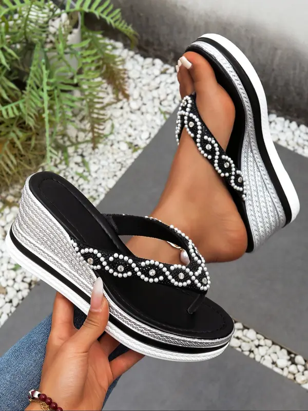 Fashionable Rhinestone Decorated Platform Sandals, Casual Comfortable Thick Sole Sandals for Summer, Female All-match Shoes for Daily Wear 4