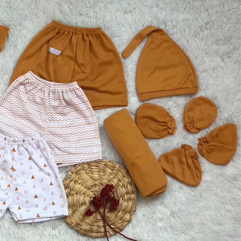 10 Pcs Set Pelngkapan Pakaian Bayi Baju Pendek & Celana Pendek Oren Newborn Umur 0-6 Bulan 1
