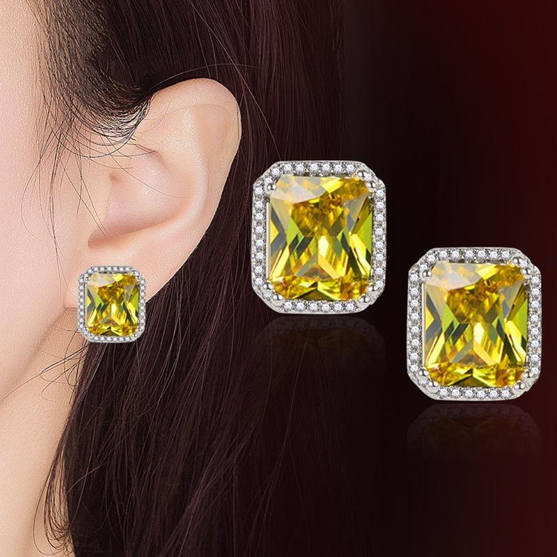 Product Introduction of Tik Tok Live Stream Rectangular Diamond Colored Gems Eardrops Stud Earrings Ring Hot Sale Square Pink Yellow Diamond Crystal Jewelry Suit sakuya  keychain gantungan  kunci bus  stop ganesha  keychain sonny  angel 16