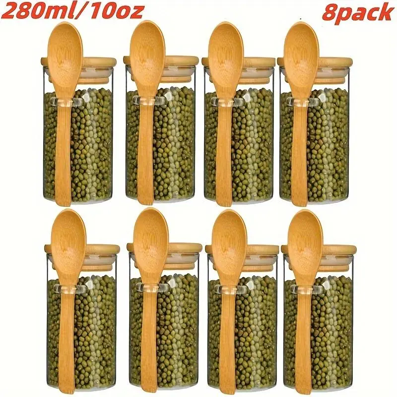 280ml Clear Glass Storage Bottle with Lid, 1/2/4/8 Counts Grain Storage Container with Spoon, Food Sealed Jar for Tea, Coffee, Spice, Candy, Biscuit, Cereal, Summer Gift, Kitchen Organization