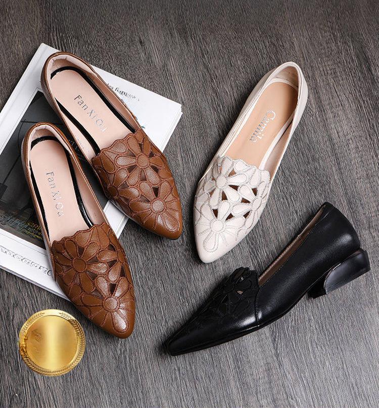 Product Introduction of Kasut Wanita, Kulit Lembut, Permukaan Lembut, Sulaman Berongga, Bertumit Rendah, Sesuai untuk Perniagaan dan Kerja, Gaya Loafers, Padanan dengan Skirt, Pasangan, Beratur, Pesta dan Bersiar-siar, Ketibaan Baru pada 2024, Bernafas, Kasut Musim Panas 6