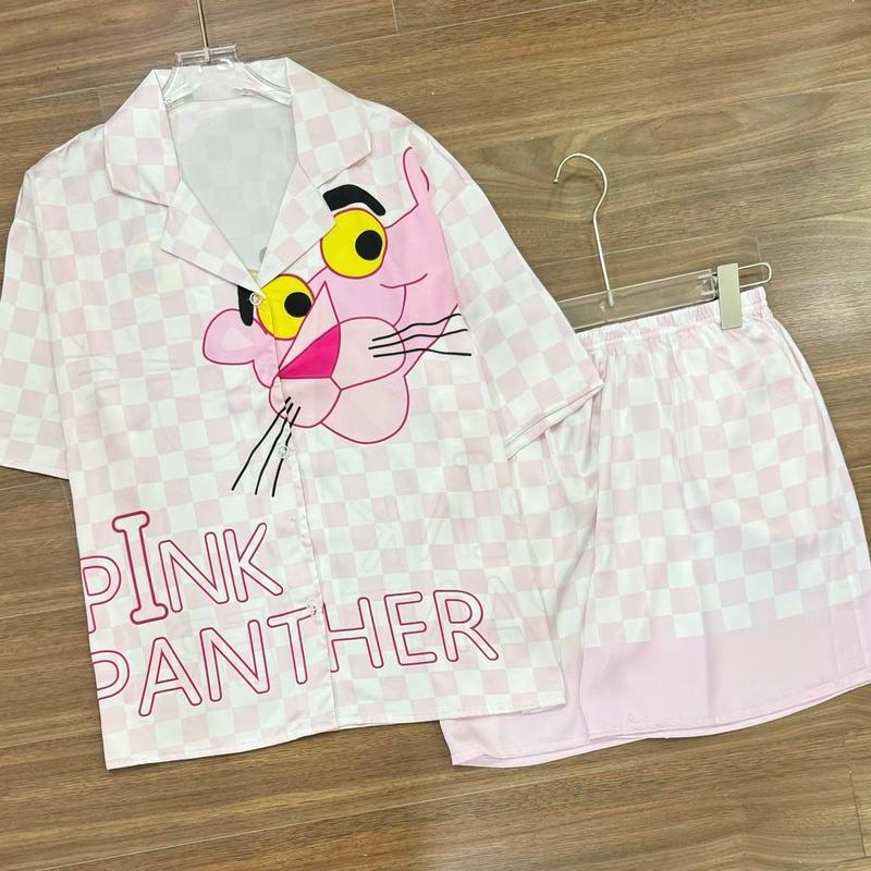 (Freesize 45-60kg) Bộ ngủ nữ pijama lụa latin quần đùi hoạ tiết cute do macnha Kem Nhung Áo 5