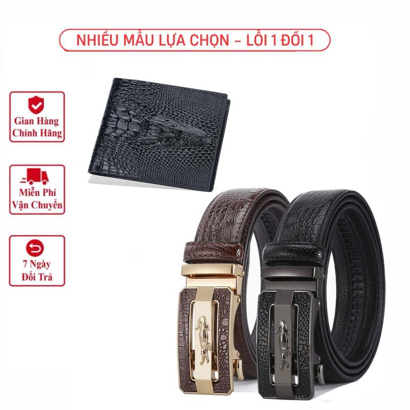 ( Tặng Ví Cá Sấu ) Thắt Lưng Nam Da  Hai Lớp Vân Cá Sấu Cao Cấp Khóa Tự Động Ko Gỉ, Dây Nịt có thể cắt