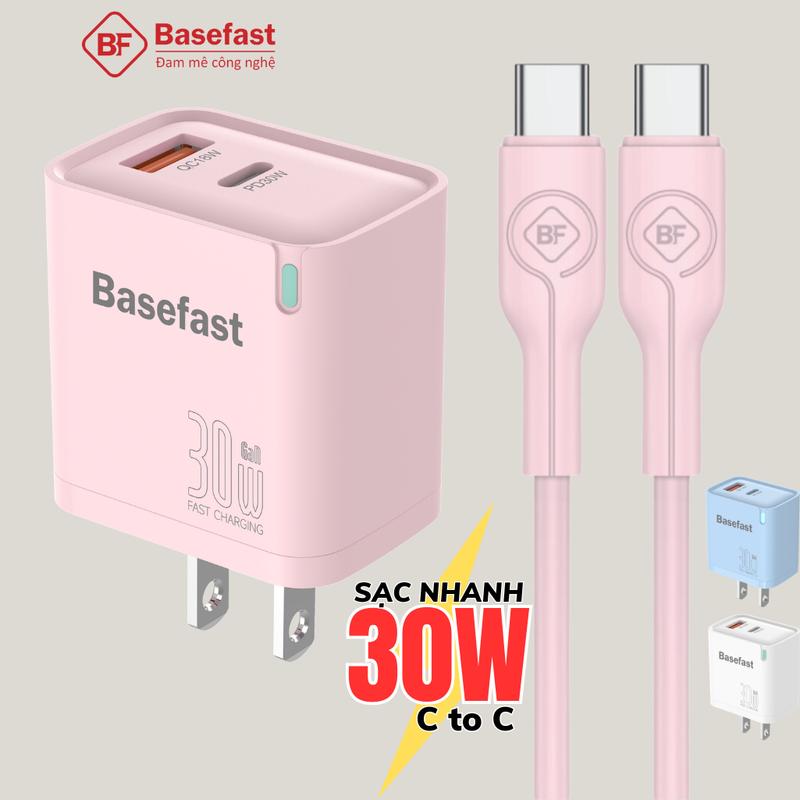 Bộ sạc nhanh Type C 30W Basefast Củ sạc 2 cổng kèm cáp Silicon siêu bền dùng cho samsung xiaomi ip 15 16