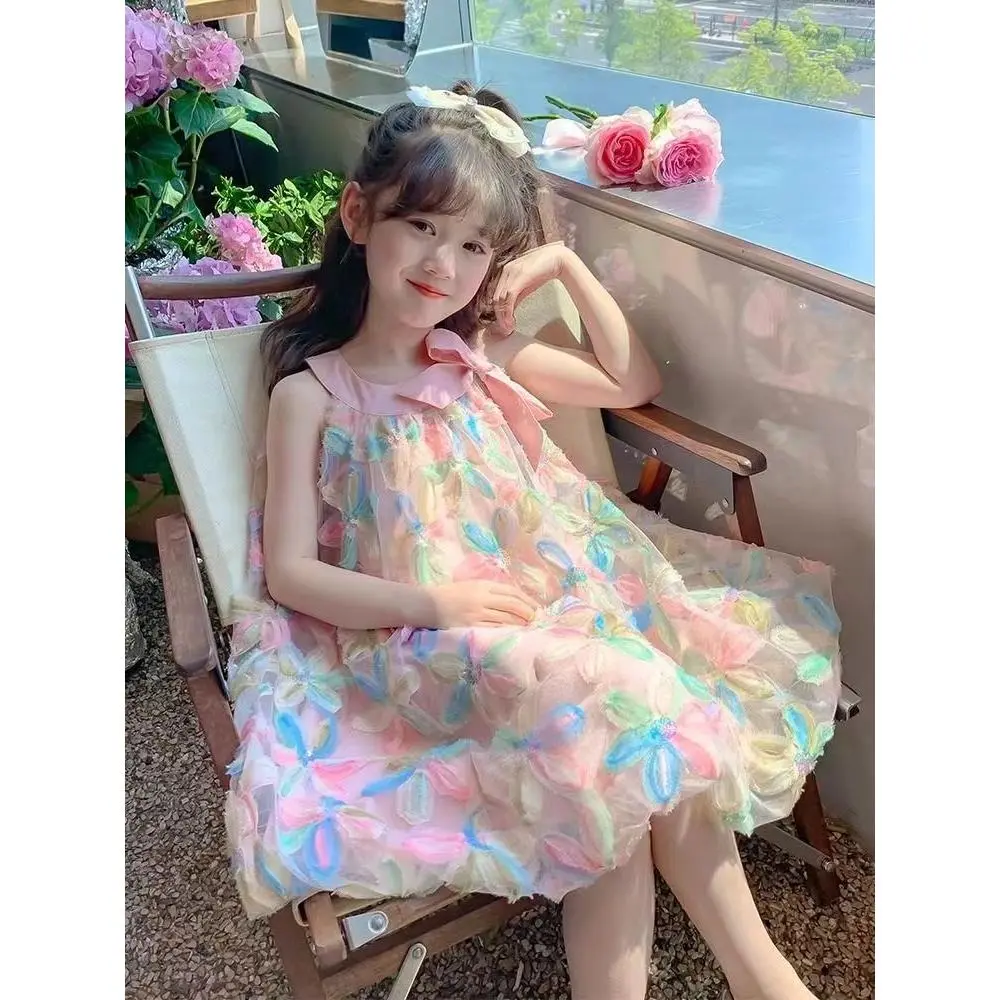 Girls' Summer Dress Dress 2024 New Skirt Summer Little Girl Seaside Vacation Skirt Children Floral Princess Dress
