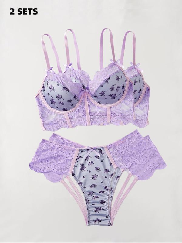 Women's Contrast Floral Lace Bow Front Underwire Bra & Panty Set, Romantic Adjustable Strap Push Up Bra & Panty Set, Soft Comfy Breathable Underwear Set for Women 3