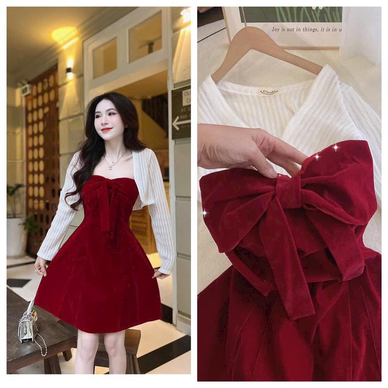 Sét đầm nữ xòe chất liệu nhung cúp ngực phối nơ ngực,kèm áo khoác len ren,xinh xăn cho các nàng setđồ nữ đầm thúc váy thức đầmbody cổtàu  Màu Đỏ Women Kem Dress