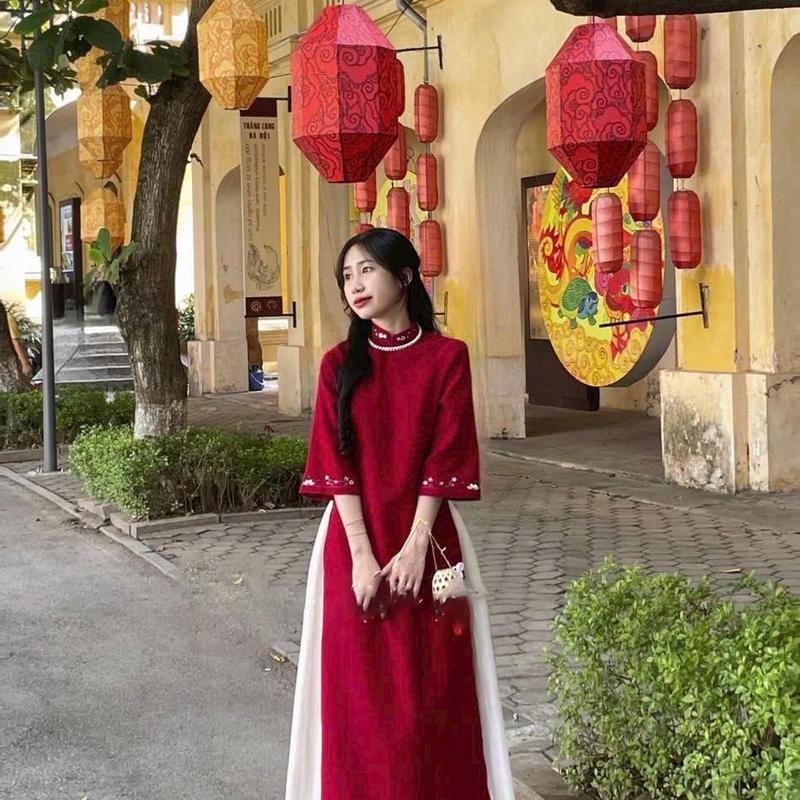  Áo dài mặt tết cách tân dáng Suông chất nhung cứng thêu phối chân váy tơ dáng dài Nữ Women Dress Voan 