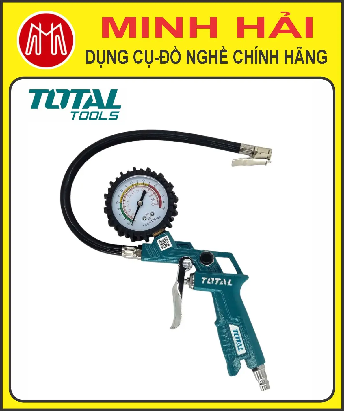 TOTAL Dụng cụ bơm hơi lốp ô tô TAT11601. Đồng hồ đo áp suất lốp.