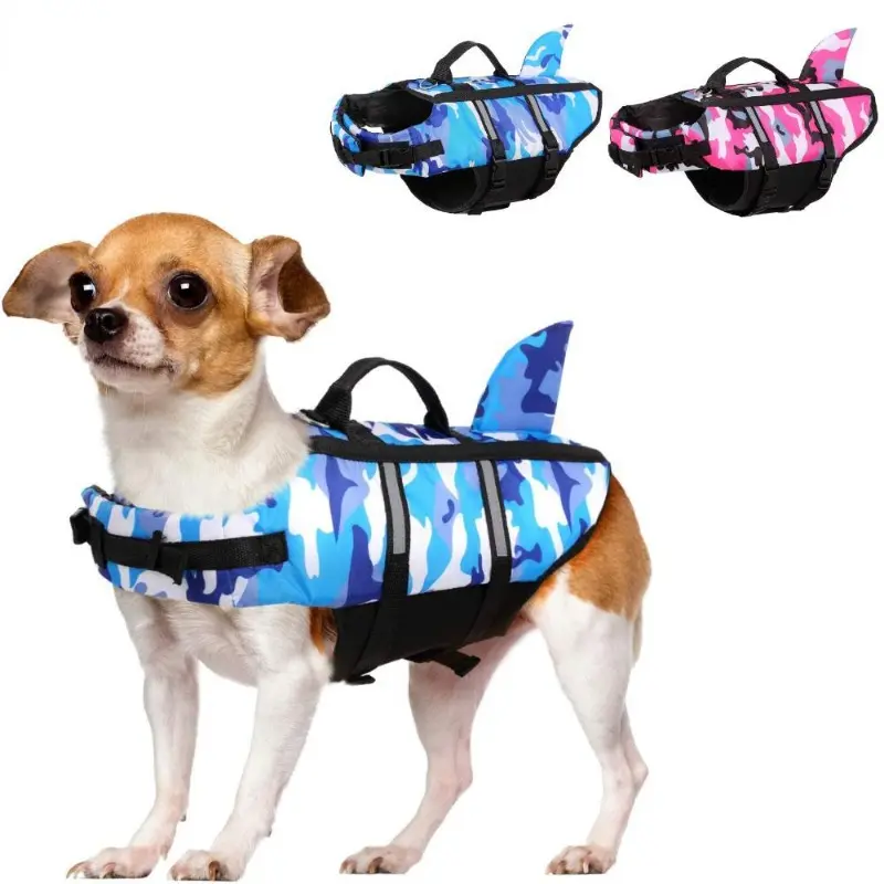 High Buoyancy Dog Life Jacket Cute Shark Camouflage Pet Safety Vest Strong Rescue Handle Leash Ring For Boating Surfing