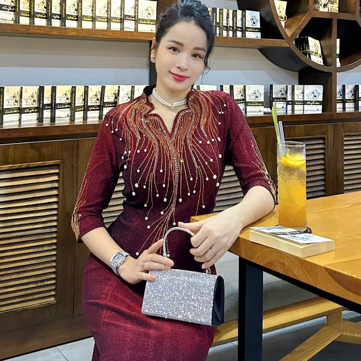Đầm Trung Niên Dáng Lửng K479 co giãn thoáng mát Ôm gọn Thanh Lịch Nữ Women Dress Kim Tuyến Thun