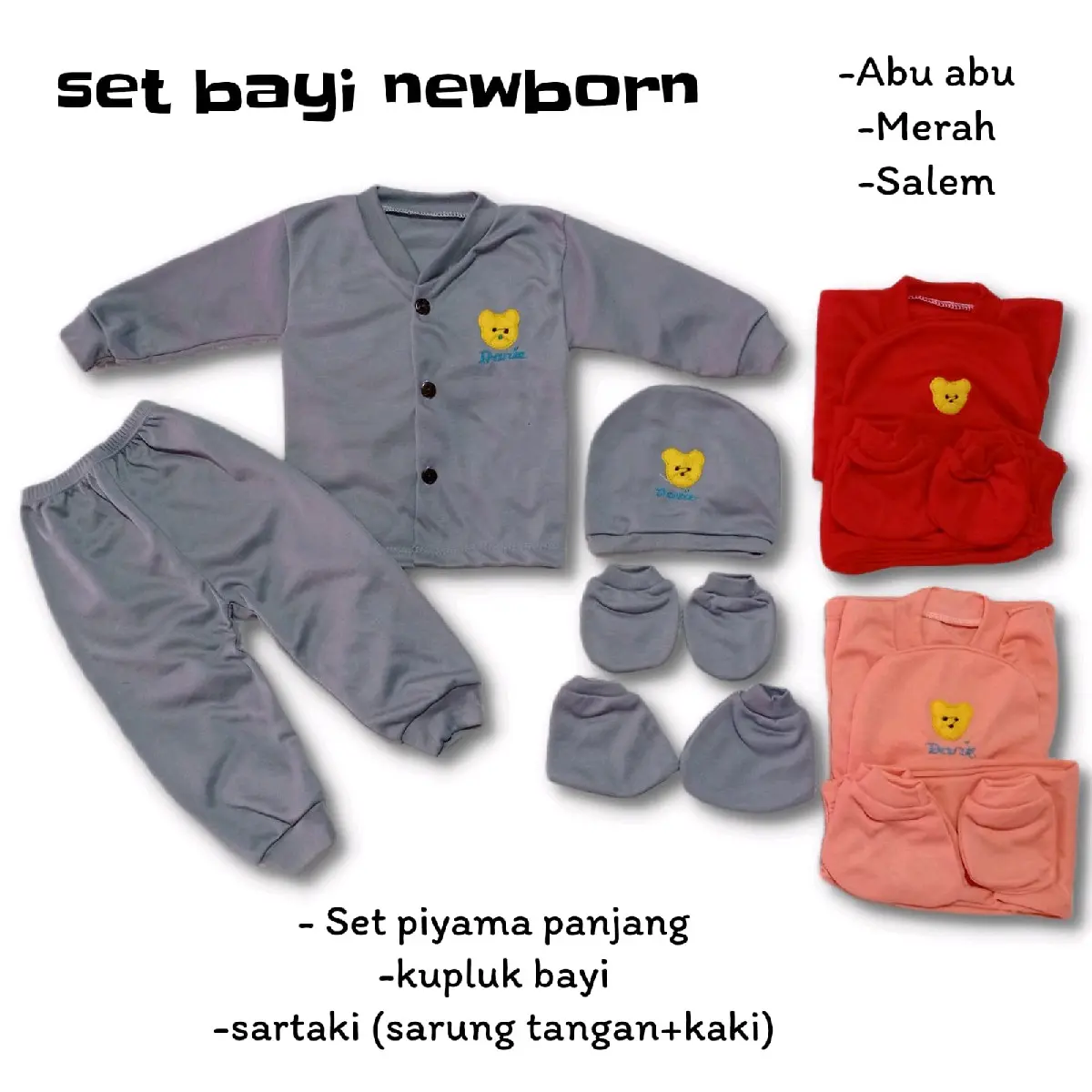 Set piyama+kupluk+sarung tangan kaki Newborn 0-3bulan
