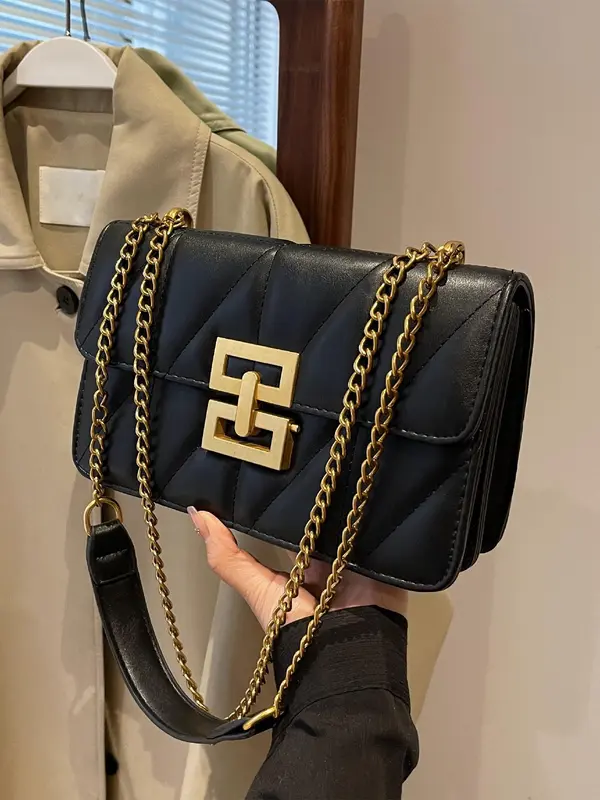 Fashion Chain Strap Quilted Pu Leather Square Bag, Simple Plain Rhombus Embossed Crossbody Bag, with Adjustable Shoulder Strap, Daily Commuting Shoulder Bag for Women, Girlfriend Gifts 1