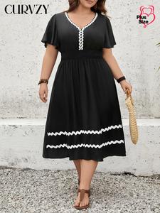 CURVZY Plus Size Colorblock Butterfly Sleeve V Neck Dress, Casual Short Sleeve A Line Dress for Summer, Women's Plus Clothing for Daily Wear