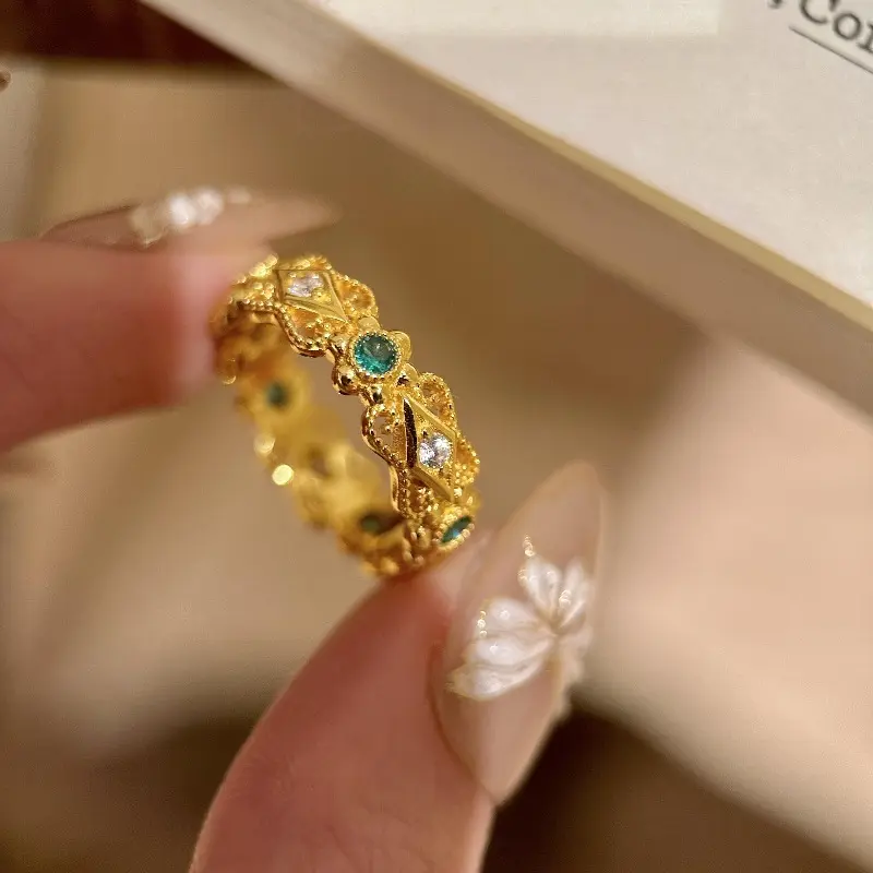 New Chinese Classical Palace Style Lace Rhombus Pattern Lvzuan Ring Luxury Niche High Sense Retro Index Finger Ring