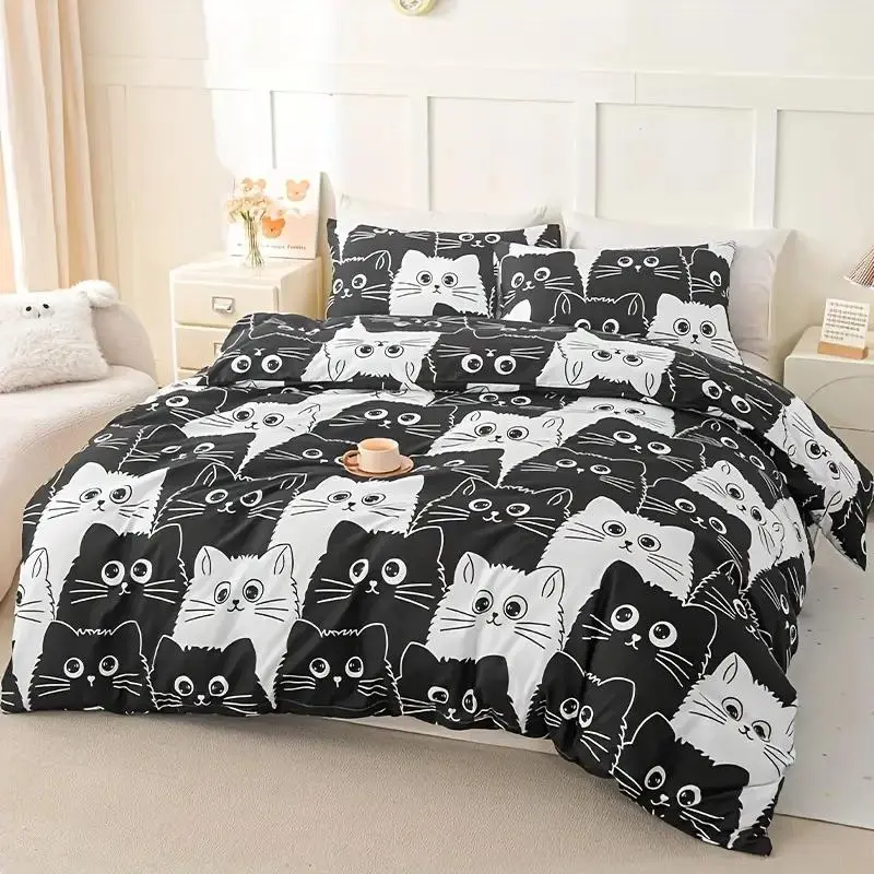 Cat Pattern Bedding Set, 3 Counts/set Including 1 Count Quilt Cover & 2 Counts Pillowcase without Filler, Soft Comfortable Bedding Set for Bedroom