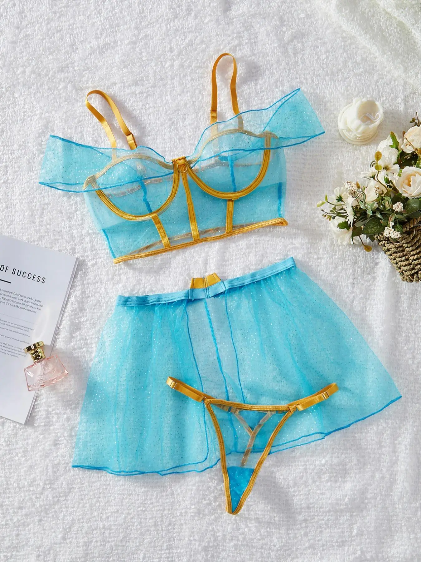 Women's Contrast Mesh Lingerie Three-piece Set, Sexy Comfy Breathable Bra & Contrast Binding Thong & Sheer Skirt, Lingerie Set for Women