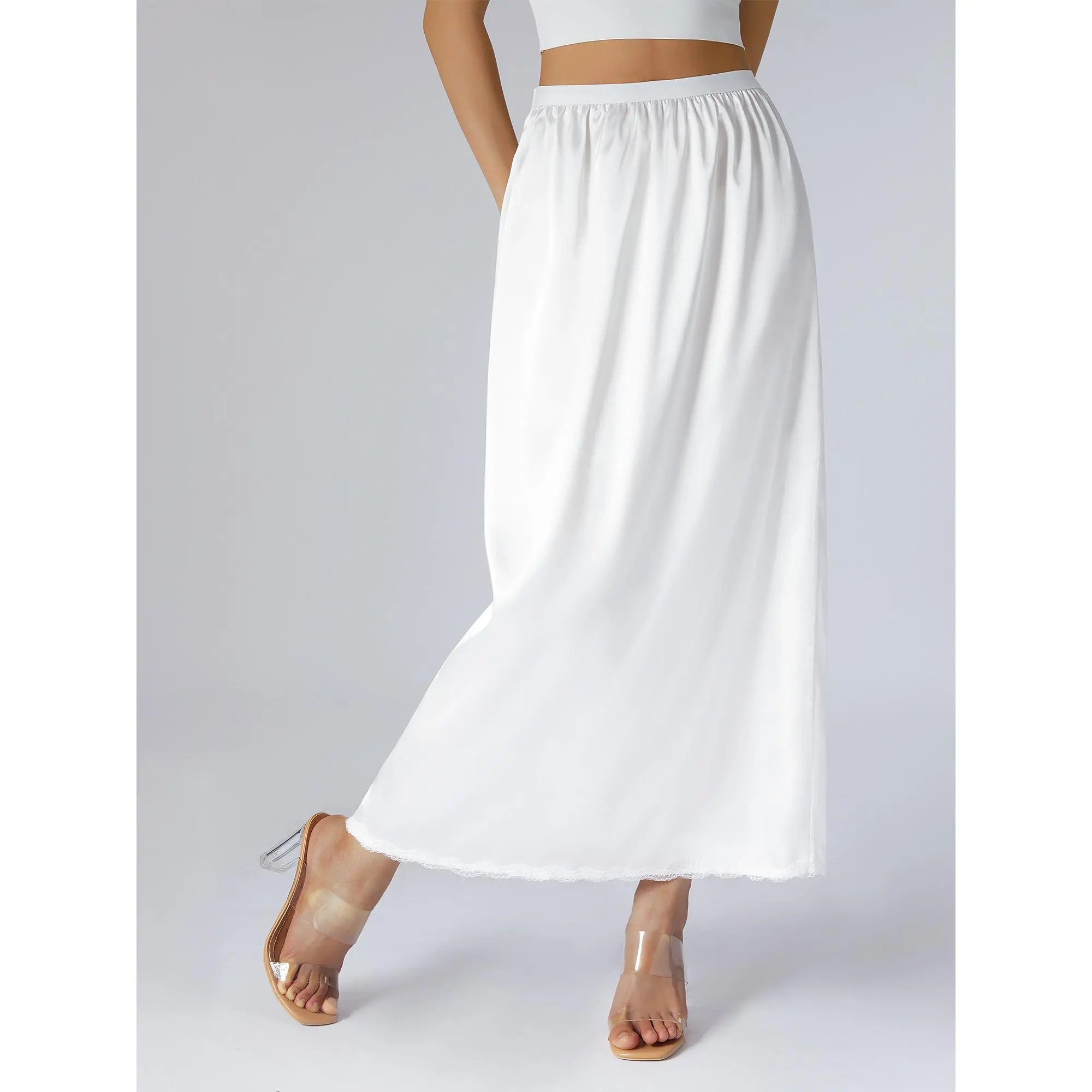 Women Half Slip Underskirt, Solid Color Elastic Waist Inner Lining for Midi Skirt, Long Underskirt for Ladies, S/M/L/XL/XXL Womenswear Bottom Check Highwaist Outdoor Polyester Outdoor Polyester Lingerie Comfort