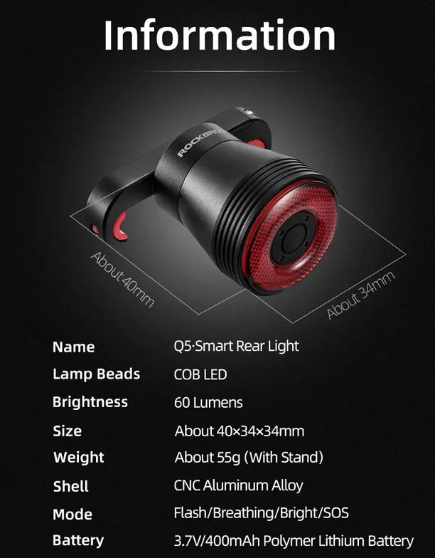 ROCKBROS Lampu Belakang Smart Bicycle Brake Light Sensor Q5 Original 4